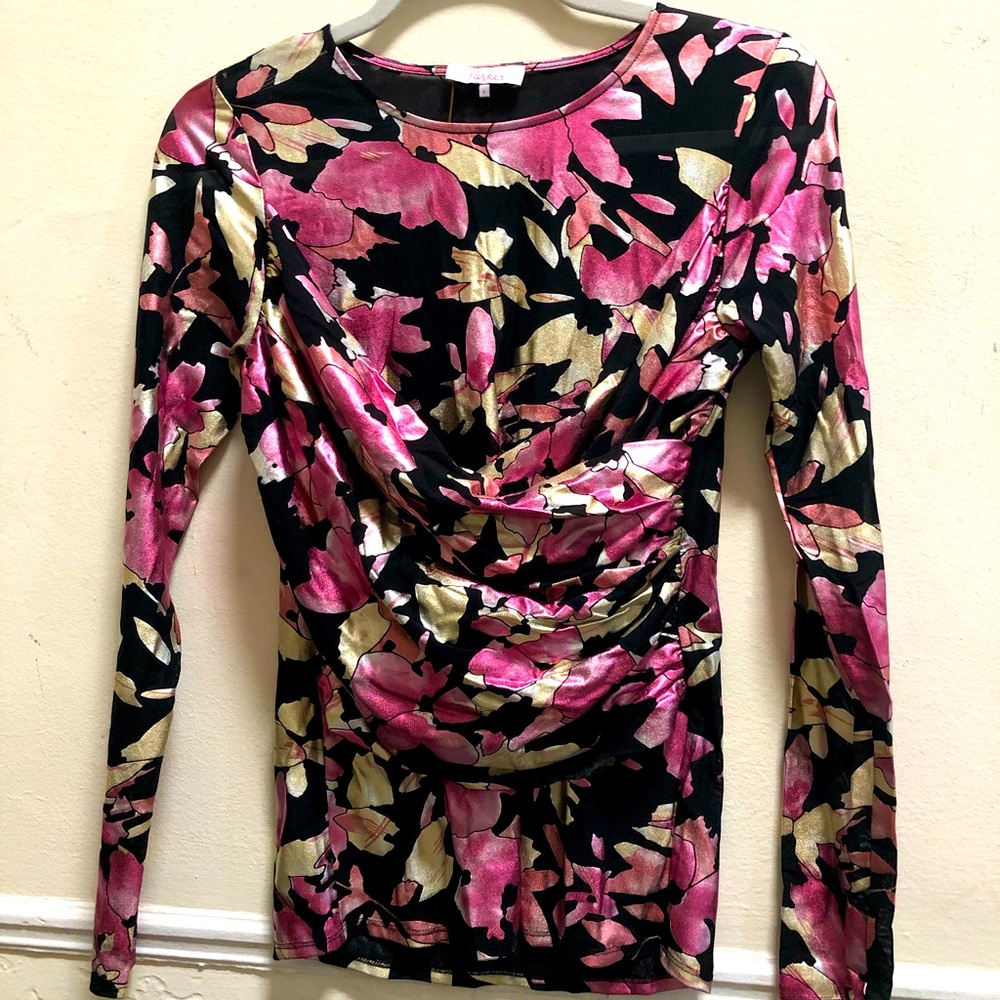 Parker Metallic Wrap Front Mesh Top